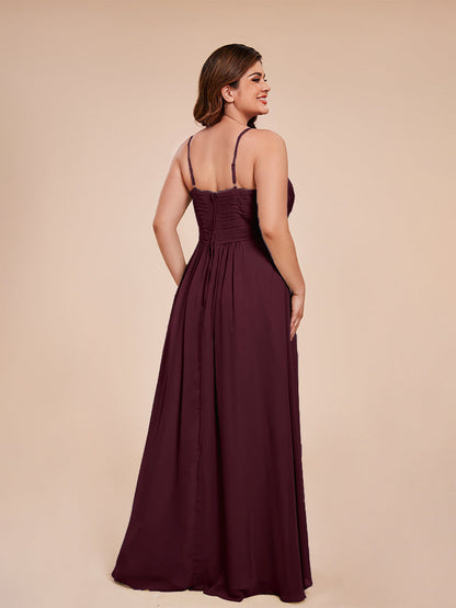 Isla Plus Size V-neck Ruched Chiffon Bridesmaid Dresses with Slit