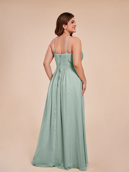 Isla Plus Size V-neck Ruched Chiffon Bridesmaid Dresses with Slit