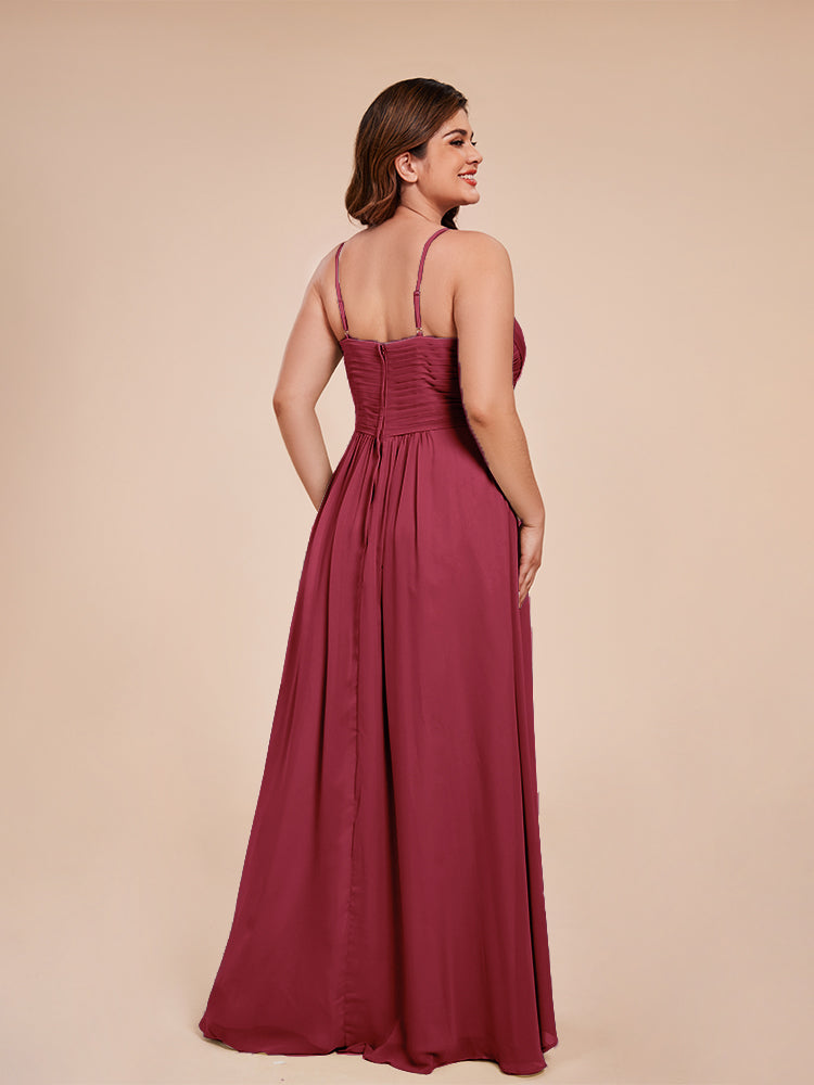 Isla Plus Size V-neck Ruched Chiffon Bridesmaid Dresses with Slit