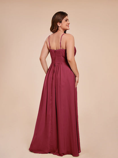 Isla Plus Size V-neck Ruched Chiffon Bridesmaid Dresses with Slit