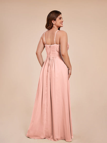 Isla Plus Size V-neck Ruched Chiffon Bridesmaid Dresses with Slit