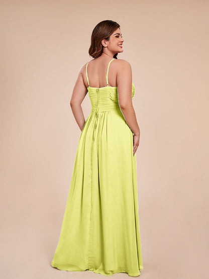 Isla Plus Size V-neck Ruched Chiffon Bridesmaid Dresses with Slit
