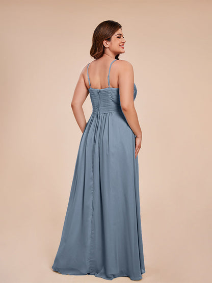 Isla Plus Size V-neck Ruched Chiffon Bridesmaid Dresses with Slit