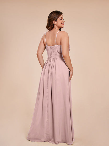 Isla Plus Size V-neck Ruched Chiffon Bridesmaid Dresses with Slit