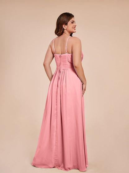 Isla Plus Size V-neck Ruched Chiffon Bridesmaid Dresses with Slit
