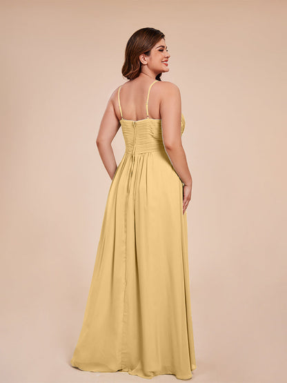 Isla Plus Size V-neck Ruched Chiffon Bridesmaid Dresses with Slit