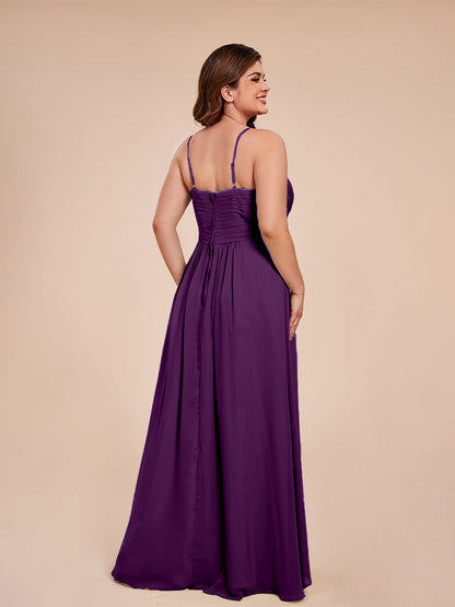 Isla Plus Size V-neck Ruched Chiffon Bridesmaid Dresses with Slit