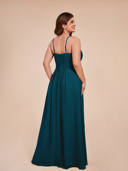 Isla Plus Size V-neck Ruched Chiffon Bridesmaid Dresses with Slit