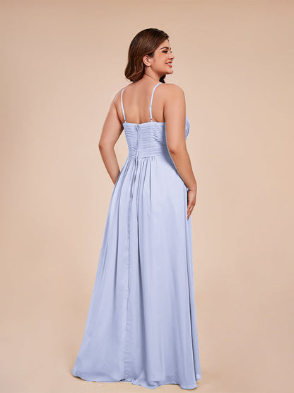 Isla Plus Size V-neck Ruched Chiffon Bridesmaid Dresses with Slit
