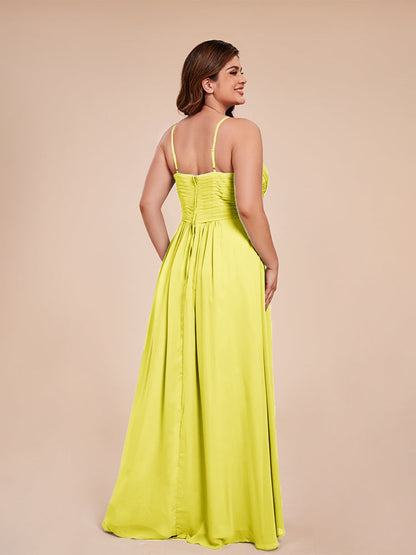 Isla Plus Size V-neck Ruched Chiffon Bridesmaid Dresses with Slit