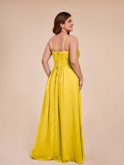 Isla Plus Size V-neck Ruched Chiffon Bridesmaid Dresses with Slit