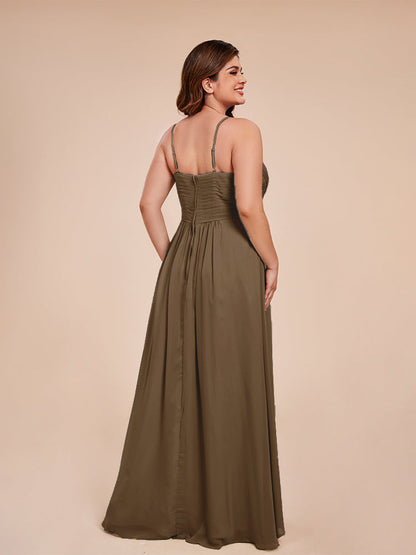 Isla Plus Size V-neck Ruched Chiffon Bridesmaid Dresses with Slit
