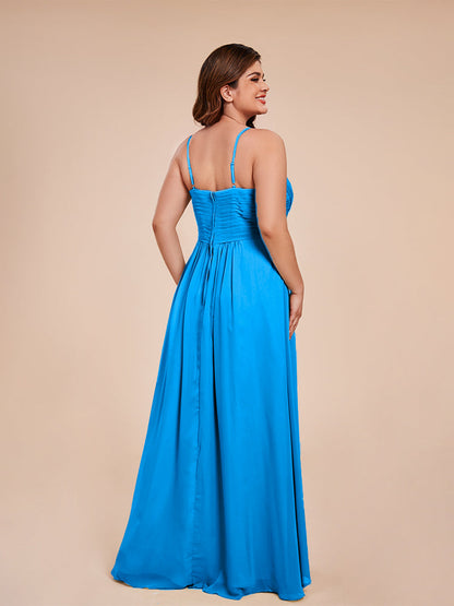 Isla Plus Size V-neck Ruched Chiffon Bridesmaid Dresses with Slit