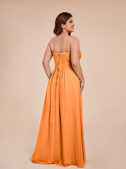 Isla Plus Size V-neck Ruched Chiffon Bridesmaid Dresses with Slit