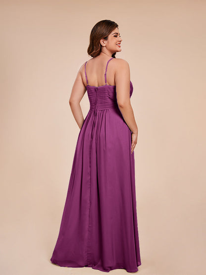 Isla Plus Size V-neck Ruched Chiffon Bridesmaid Dresses with Slit