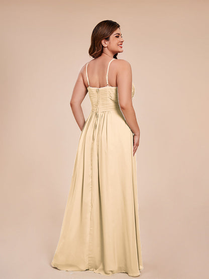 Isla Plus Size V-neck Ruched Chiffon Bridesmaid Dresses with Slit
