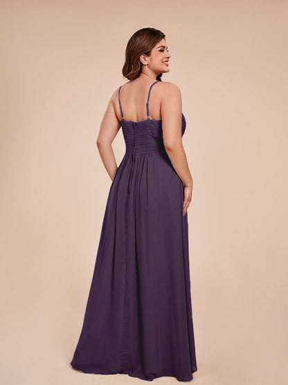 Isla Plus Size V-neck Ruched Chiffon Bridesmaid Dresses with Slit