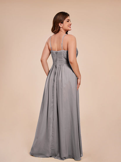 Isla Plus Size V-neck Ruched Chiffon Bridesmaid Dresses with Slit