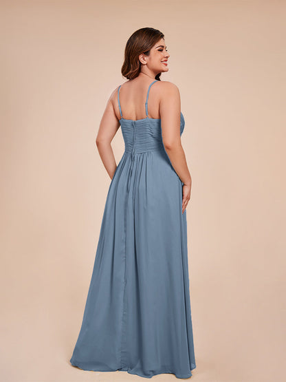 Isla Plus Size V-neck Ruched Chiffon Bridesmaid Dresses with Slit
