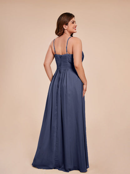 Isla Plus Size V-neck Ruched Chiffon Bridesmaid Dresses with Slit