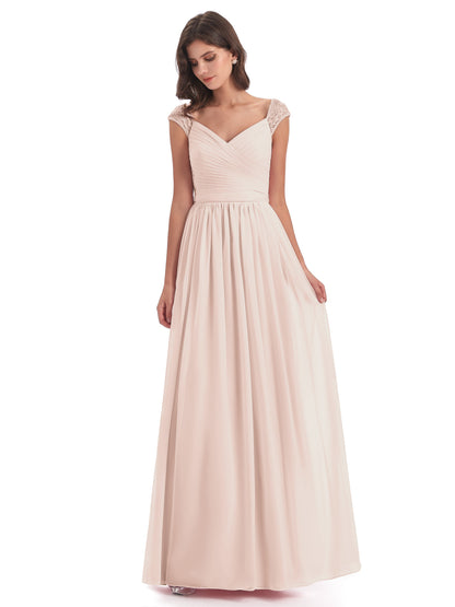 Arely Cap Sleeves Chiffon Long Bridesmaid Dresses
