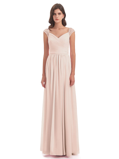 Arely Cap Sleeves Chiffon Long Bridesmaid Dresses