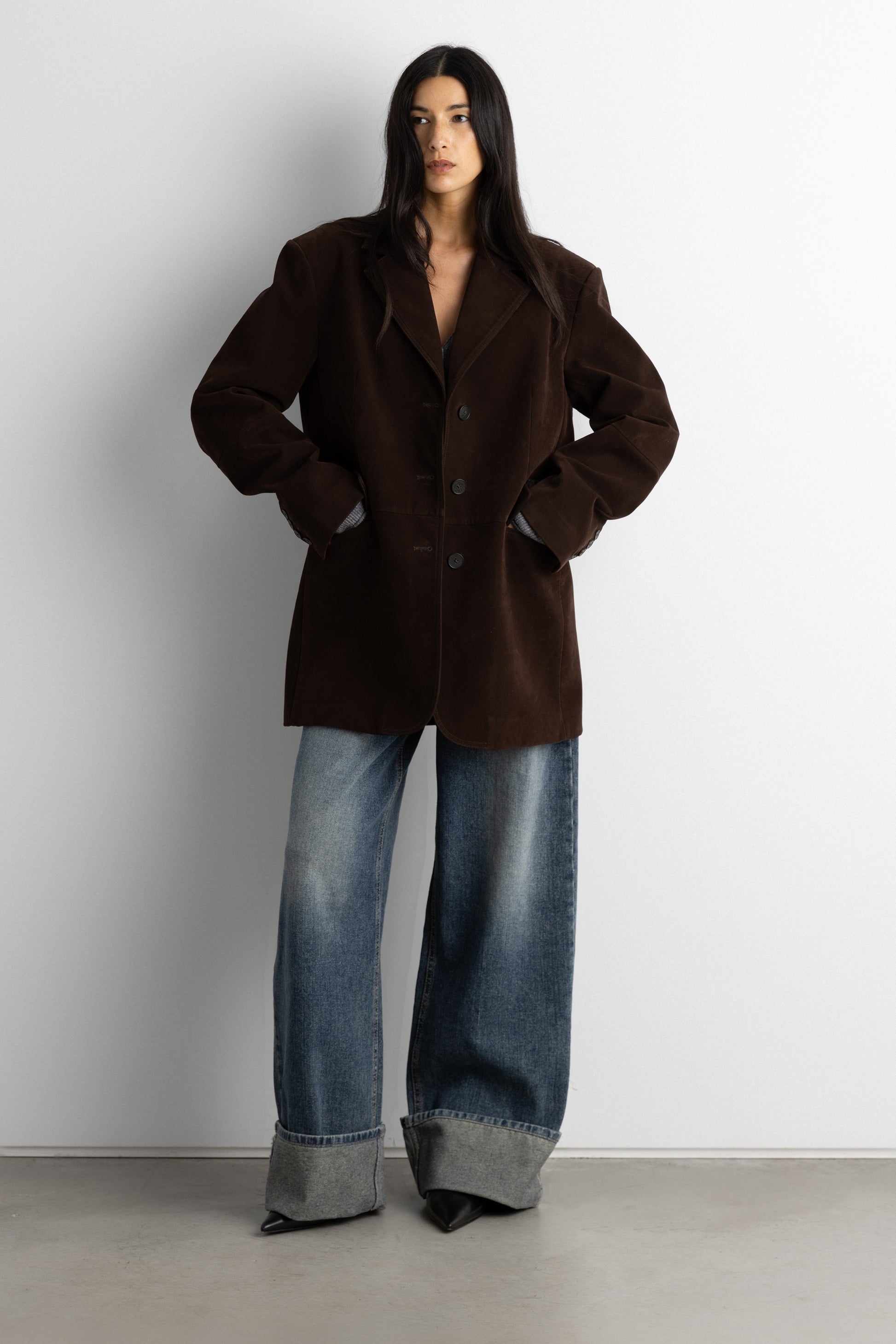 PANELED VEGAN SUEDE BLAZER