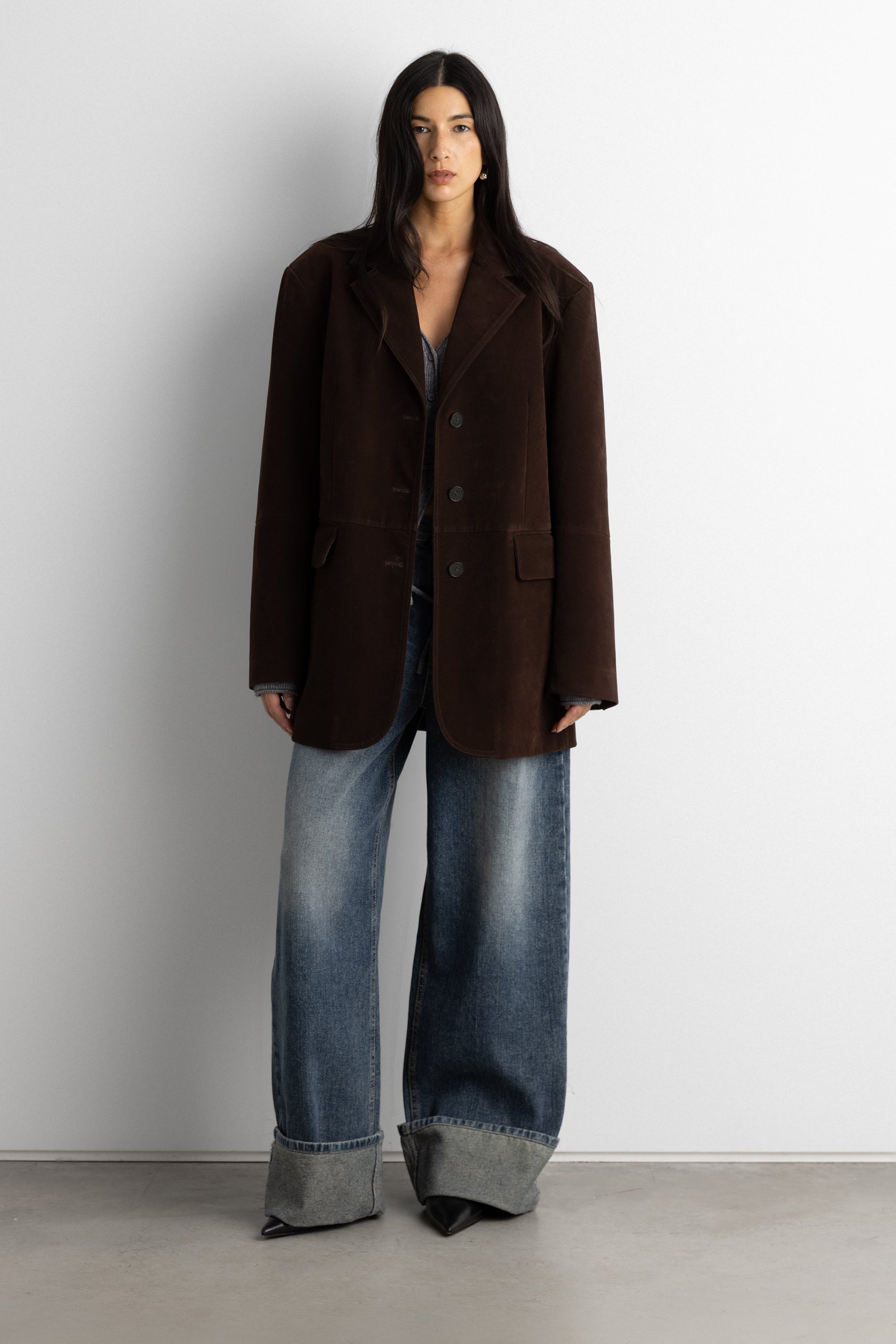 PANELED VEGAN SUEDE BLAZER
