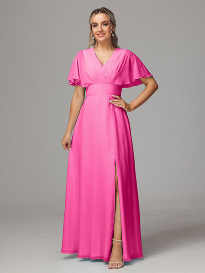 Short Sleeves V Neck Chiffon Bridesmaid Dress With Slit