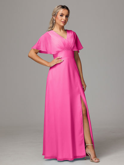 Short Sleeves V Neck Chiffon Bridesmaid Dress With Slit