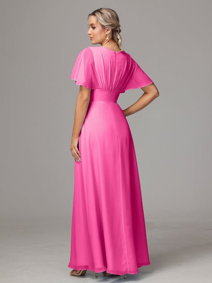 Short Sleeves V Neck Chiffon Bridesmaid Dress With Slit