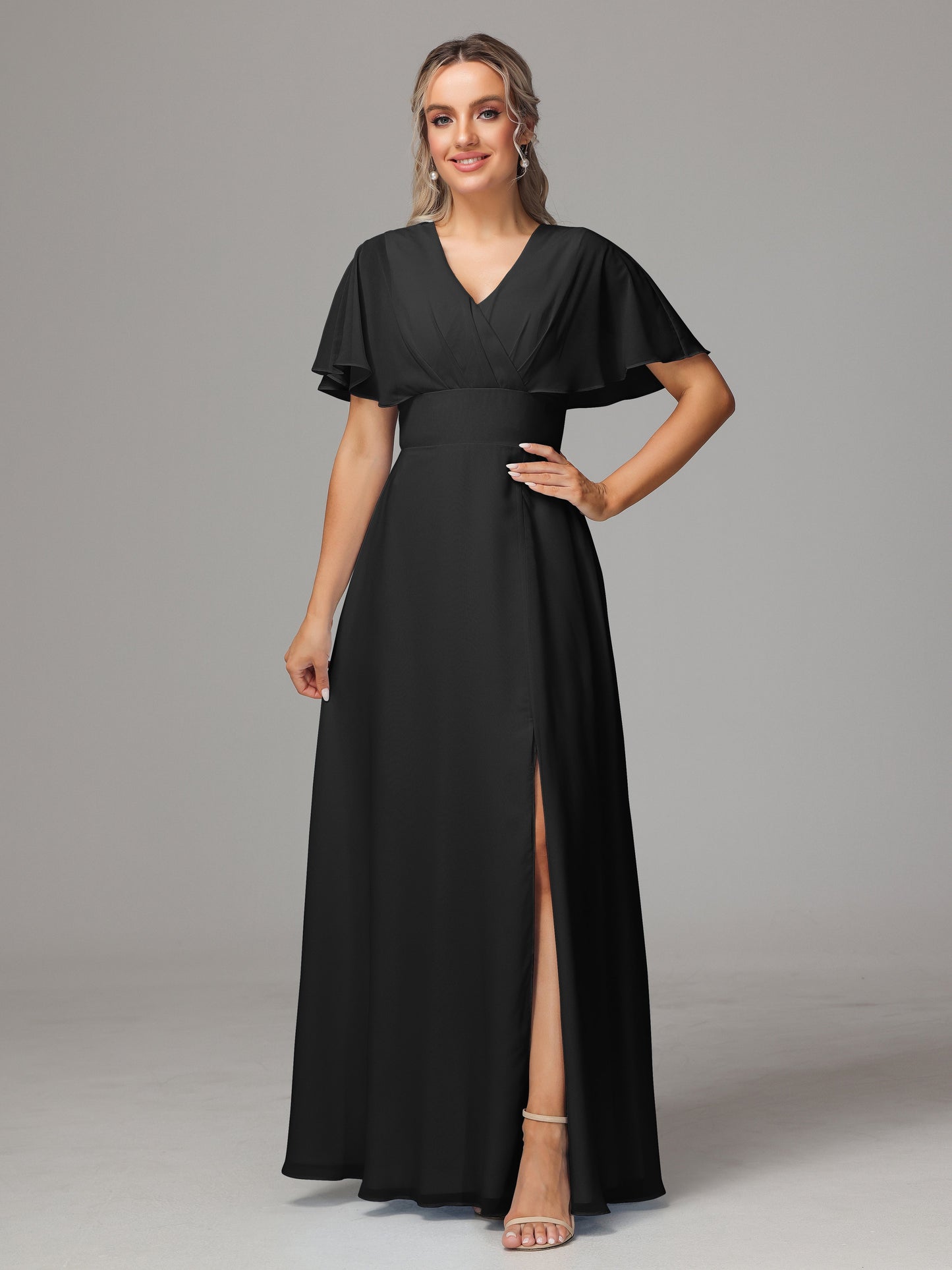 Short Sleeves V Neck Chiffon Bridesmaid Dress With Slit