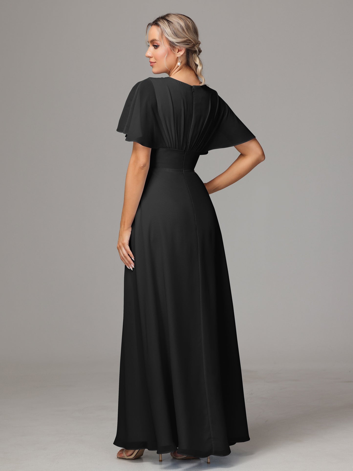 Short Sleeves V Neck Chiffon Bridesmaid Dress With Slit