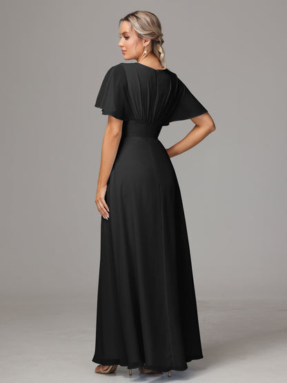 Short Sleeves V Neck Chiffon Bridesmaid Dress With Slit