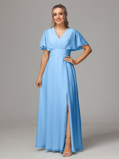 Short Sleeves V Neck Chiffon Bridesmaid Dress With Slit