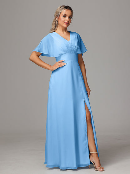 Short Sleeves V Neck Chiffon Bridesmaid Dress With Slit