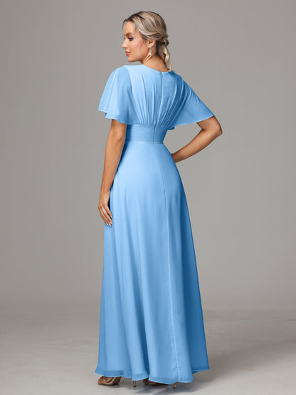 Short Sleeves V Neck Chiffon Bridesmaid Dress With Slit