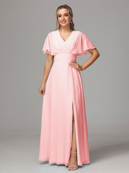 Short Sleeves V Neck Chiffon Bridesmaid Dress With Slit