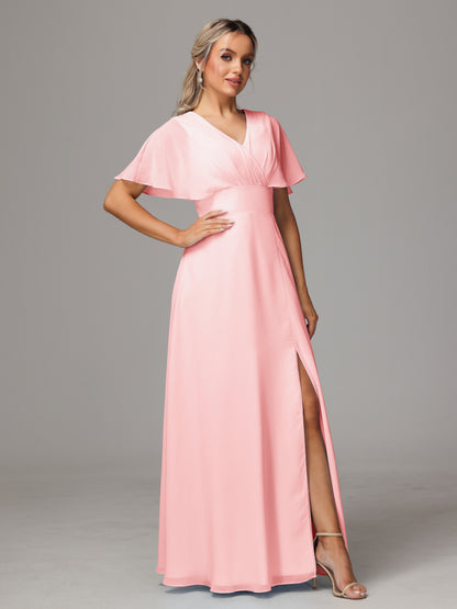 Short Sleeves V Neck Chiffon Bridesmaid Dress With Slit