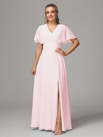 Short Sleeves V Neck Chiffon Bridesmaid Dress With Slit