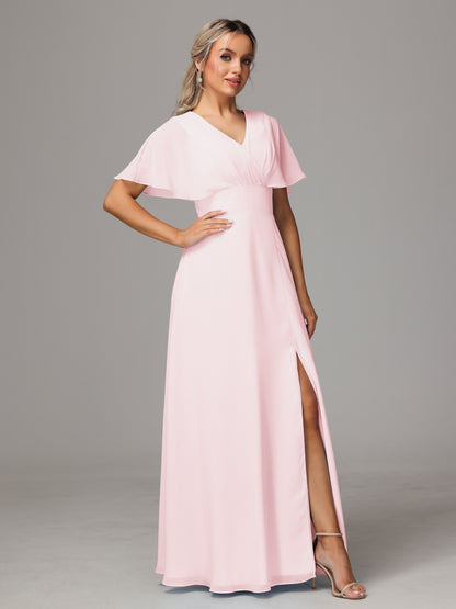 Short Sleeves V Neck Chiffon Bridesmaid Dress With Slit