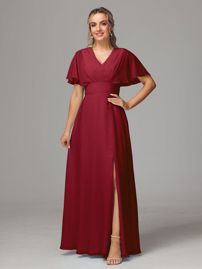 Short Sleeves V Neck Chiffon Bridesmaid Dress With Slit