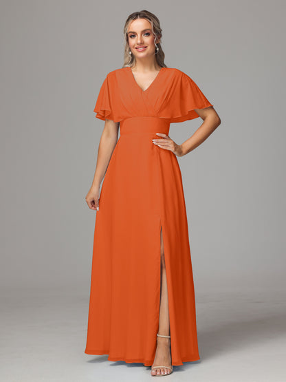 Short Sleeves V Neck Chiffon Bridesmaid Dress With Slit
