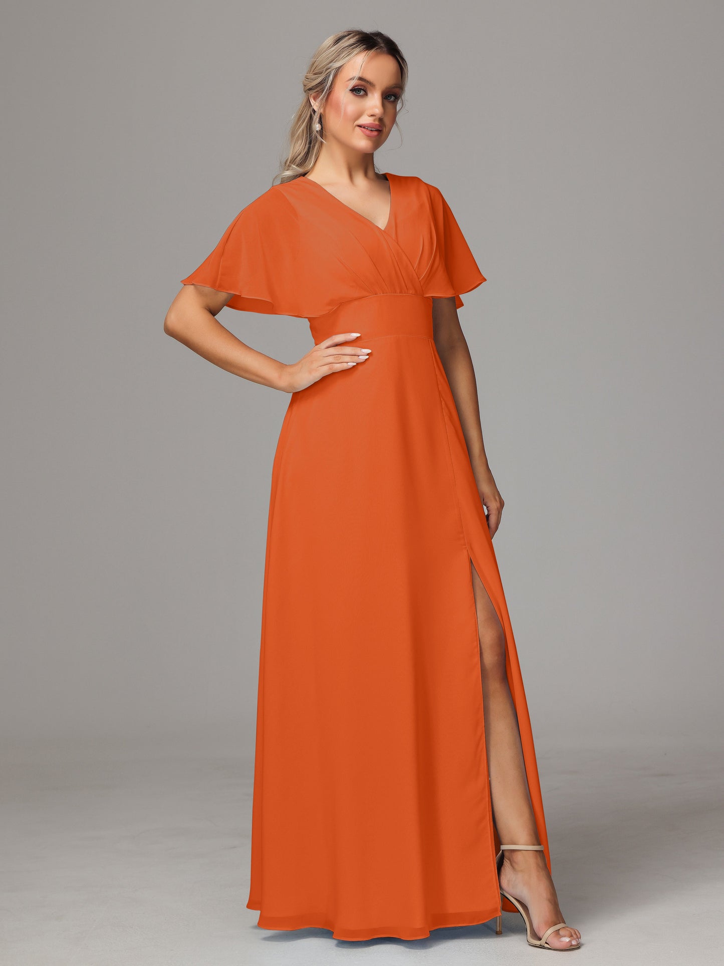 Short Sleeves V Neck Chiffon Bridesmaid Dress With Slit