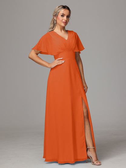 Short Sleeves V Neck Chiffon Bridesmaid Dress With Slit