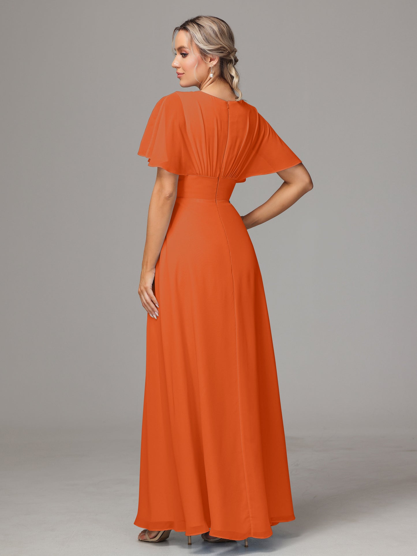 Short Sleeves V Neck Chiffon Bridesmaid Dress With Slit