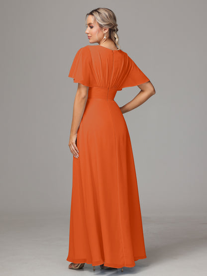 Short Sleeves V Neck Chiffon Bridesmaid Dress With Slit
