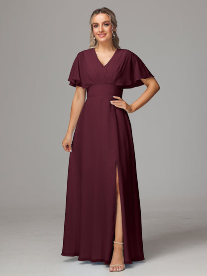 Short Sleeves V Neck Chiffon Bridesmaid Dress With Slit