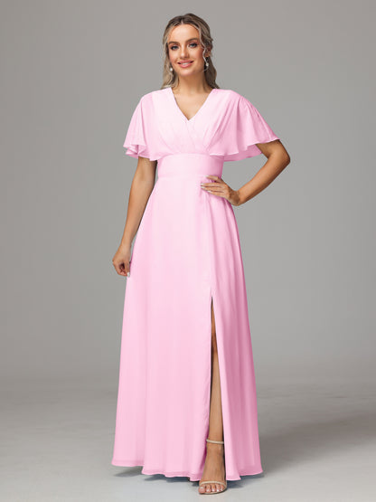 Short Sleeves V Neck Chiffon Bridesmaid Dress With Slit