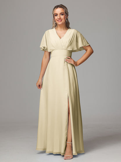 Short Sleeves V Neck Chiffon Bridesmaid Dress With Slit